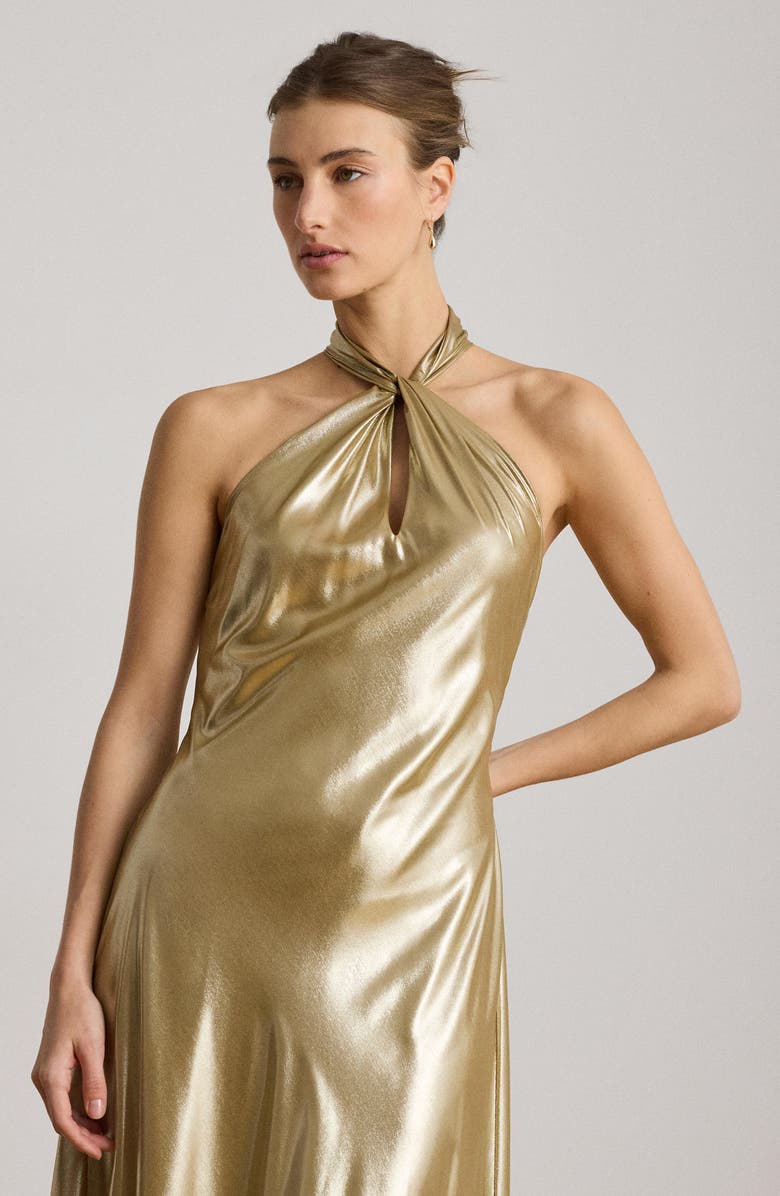Lauren Ralph Lauren Metallic Chiffon Halter Neck Gown, Alternate, color, Light Gold Foil/ Multi