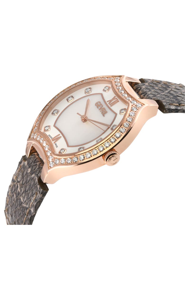 GEVRIL Lugano Diamond Croc Embossed Leather Strap Watch, 35mm, Alternate, color, 