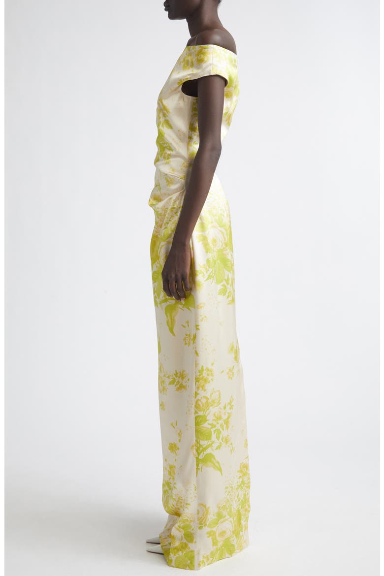 Floral Print Duchesse Satin Off the Shoulder Gown, Alternate, color, ROSE BOUQUET CHARTREUSE