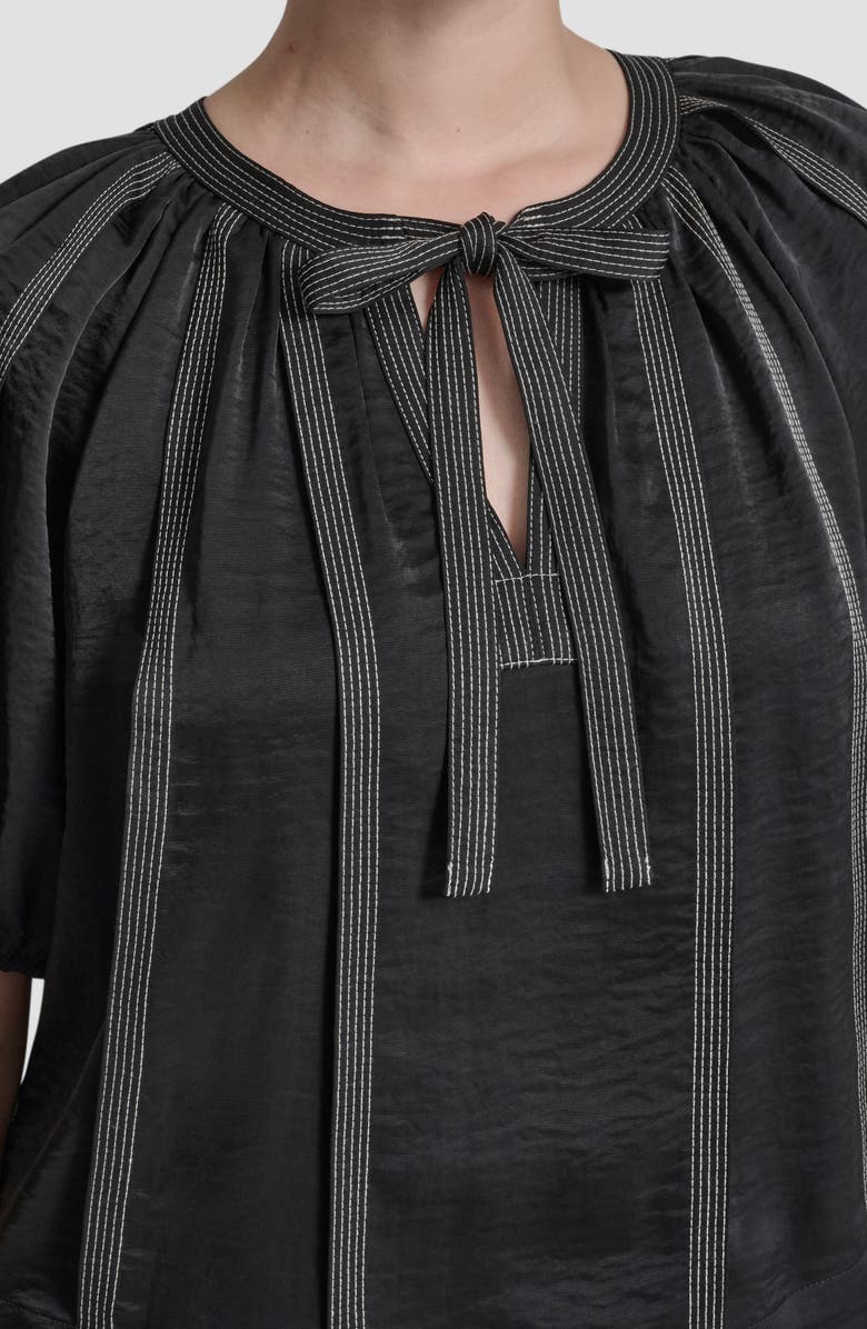 DKNY Puff Sleeve Contrast Stitch Tie Front Top, Alternate, color, Black