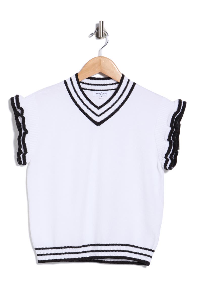 Ruffle Sleeve Stripe Knit Top, Alternate, color, WHITE BLACK