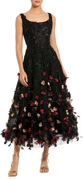 Mac Duggal Sleeveless Beaded Midi Dress With 3D Flowers