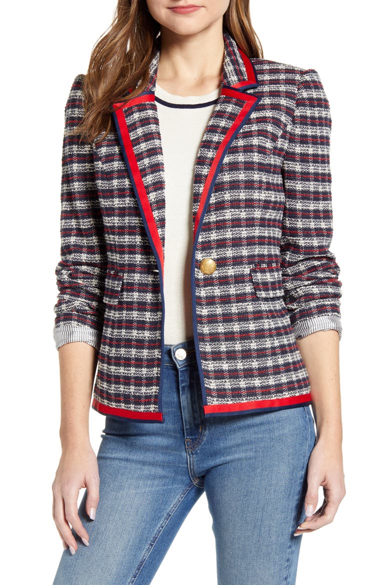 Satin Trim Plaid Tweed Blazer, Main, color, BLUE NIGHT