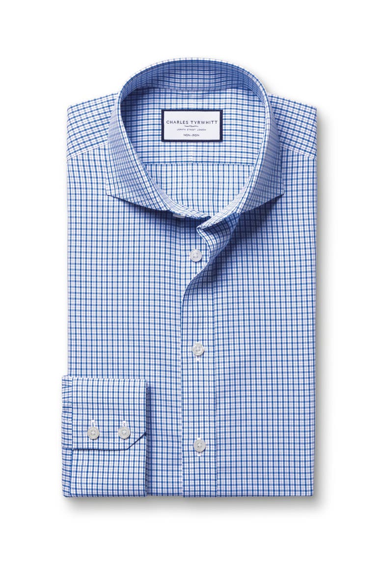 Grid Check Non-Iron Stretch Twill Slim Fit Shirt Single Cuff, Alternate, color, Cobalt Blue