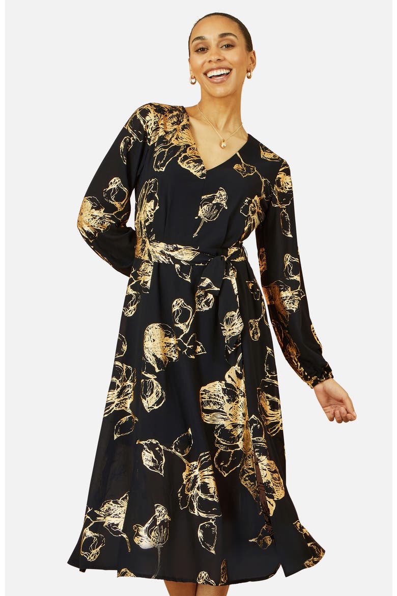 Foil Rose Print Midi Dress, Alternate, color, Black