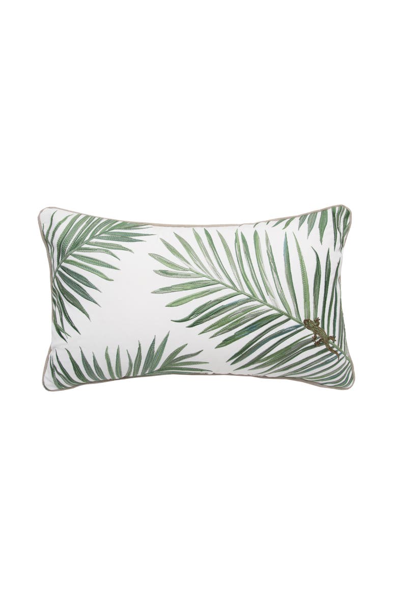 Palm and Lizard Indoor/Outdoor Lumbar White Accent Pillow, Main, color, Green