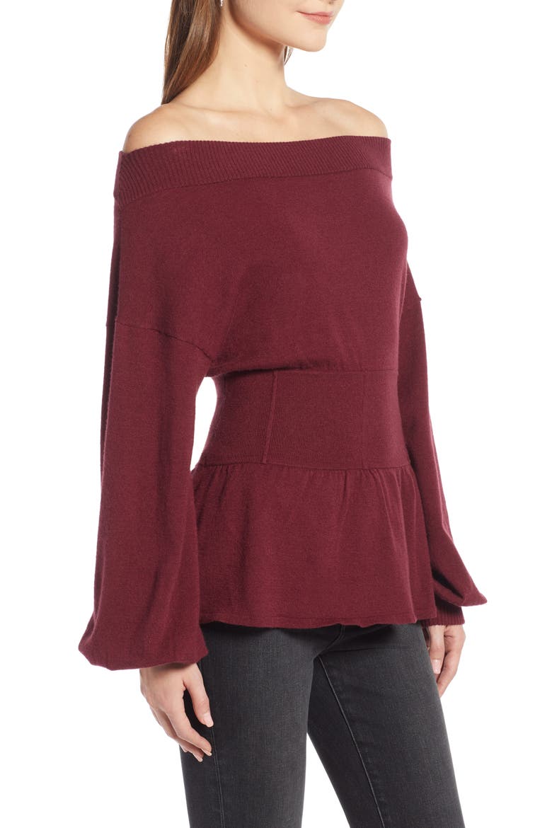 Waist Detail Off the Shoulder Sweater (Nordstrom Exclusive), Alternate, color, RED TANNIN