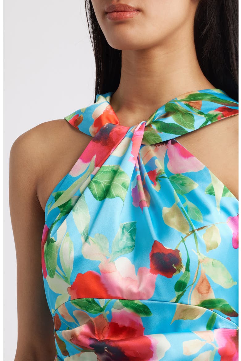Floral Print Twist Neck Gown, Alternate, color, AQUA