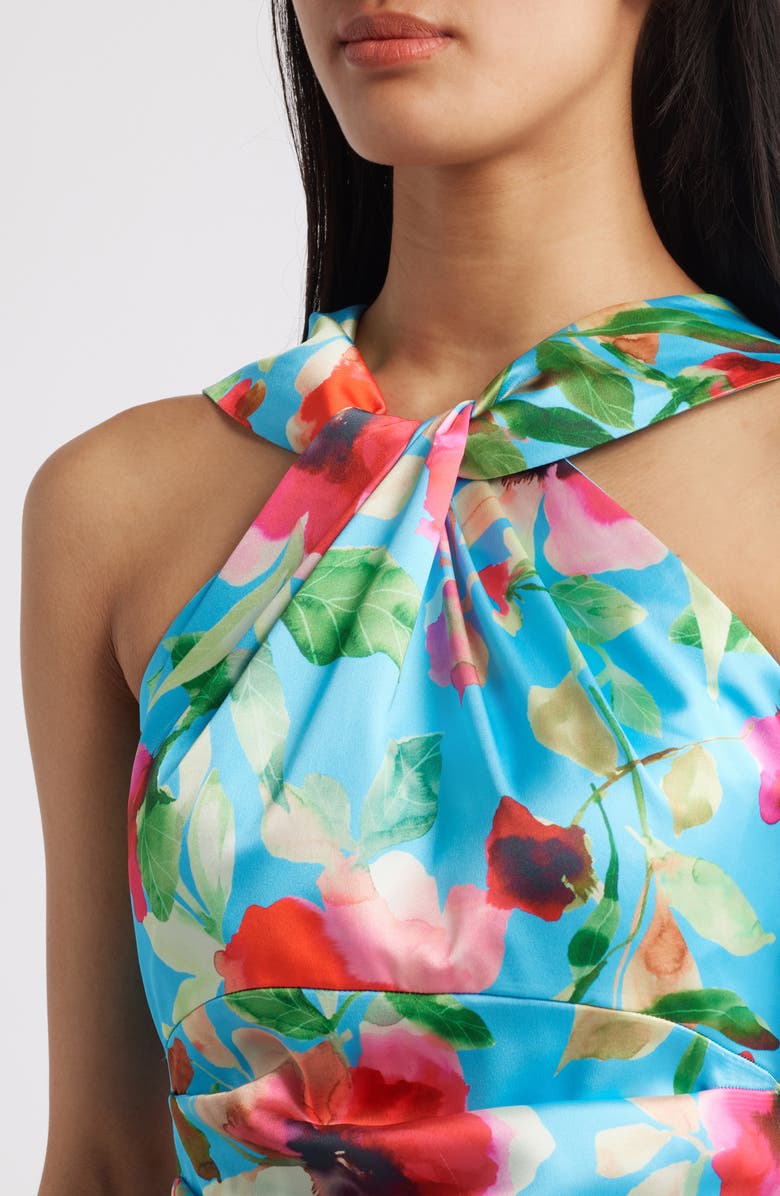 Eliza J Floral Print Twist Neck Gown, Alternate, color, Aqua