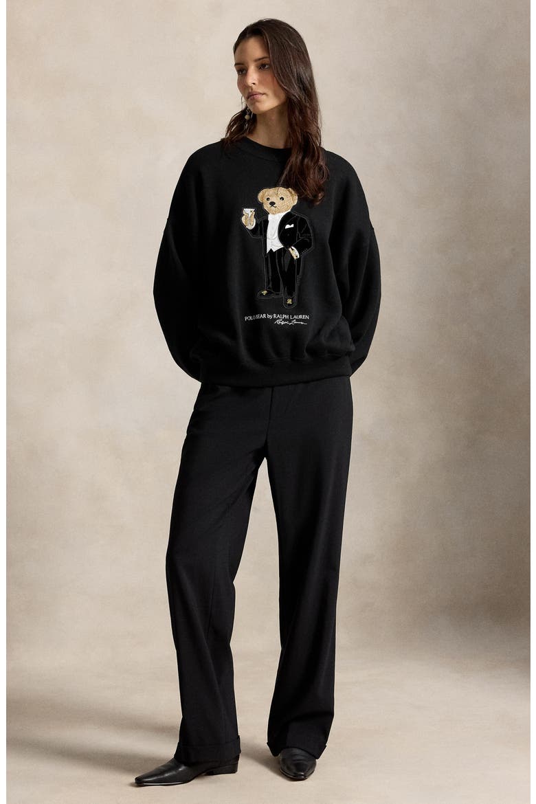 Martini Polo Bear Patch Fleece Crewneck Sweatshirt, Alternate, color, BLACK