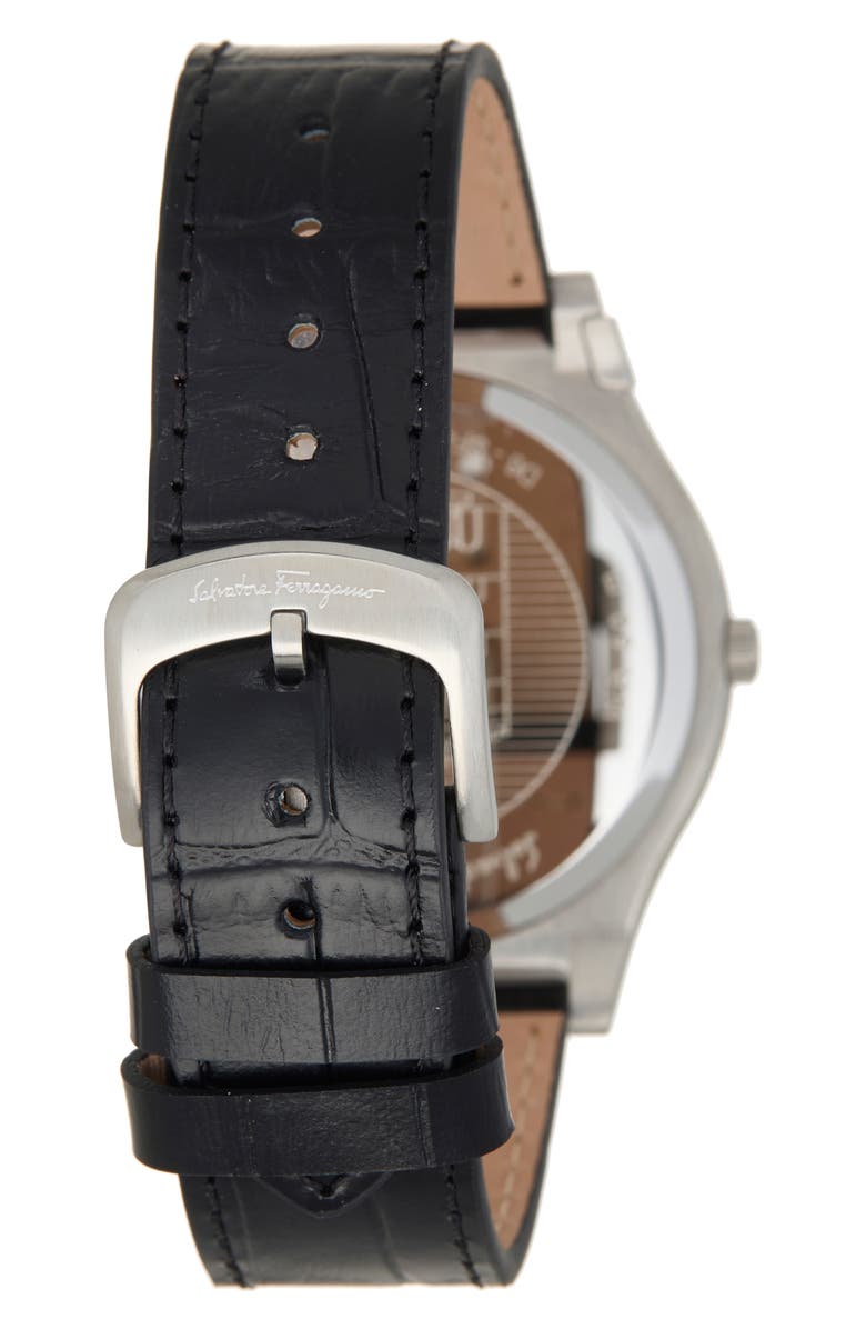 FERRAGAMO Gancini Swiss Quartz Leather Strap Watch, 38mm, Alternate, color, White/ Stainless Steel