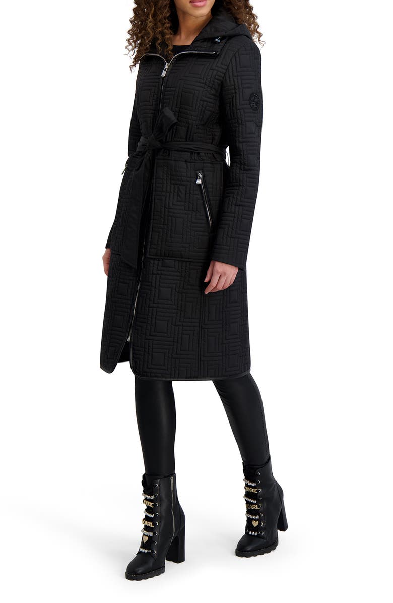 KARL LAGERFELD PARIS Hooded Belted Quilted Zip Jacket, Alternate, color, Black
