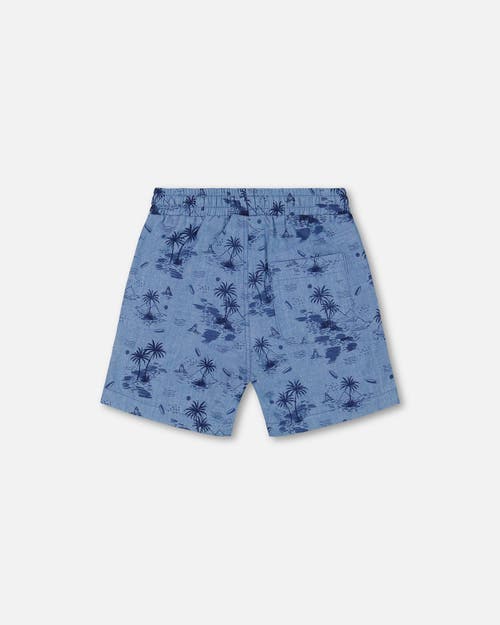 DEUX PAR DEUX DEUX PAR DEUX LITTLE BOY'S PRINTED CHAMBRAY SHORT PALE BLUE AND NAVY
