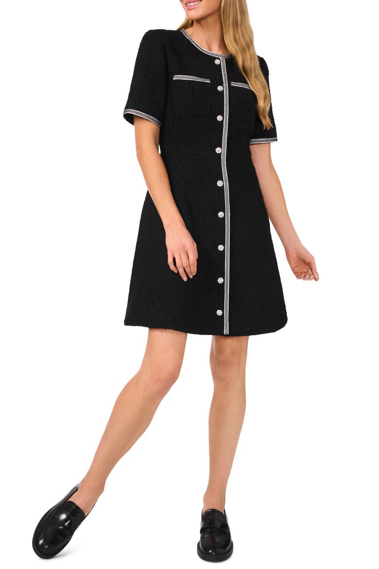 Button Front Tweed A-Line Dress, Main, color, RICH BLACK