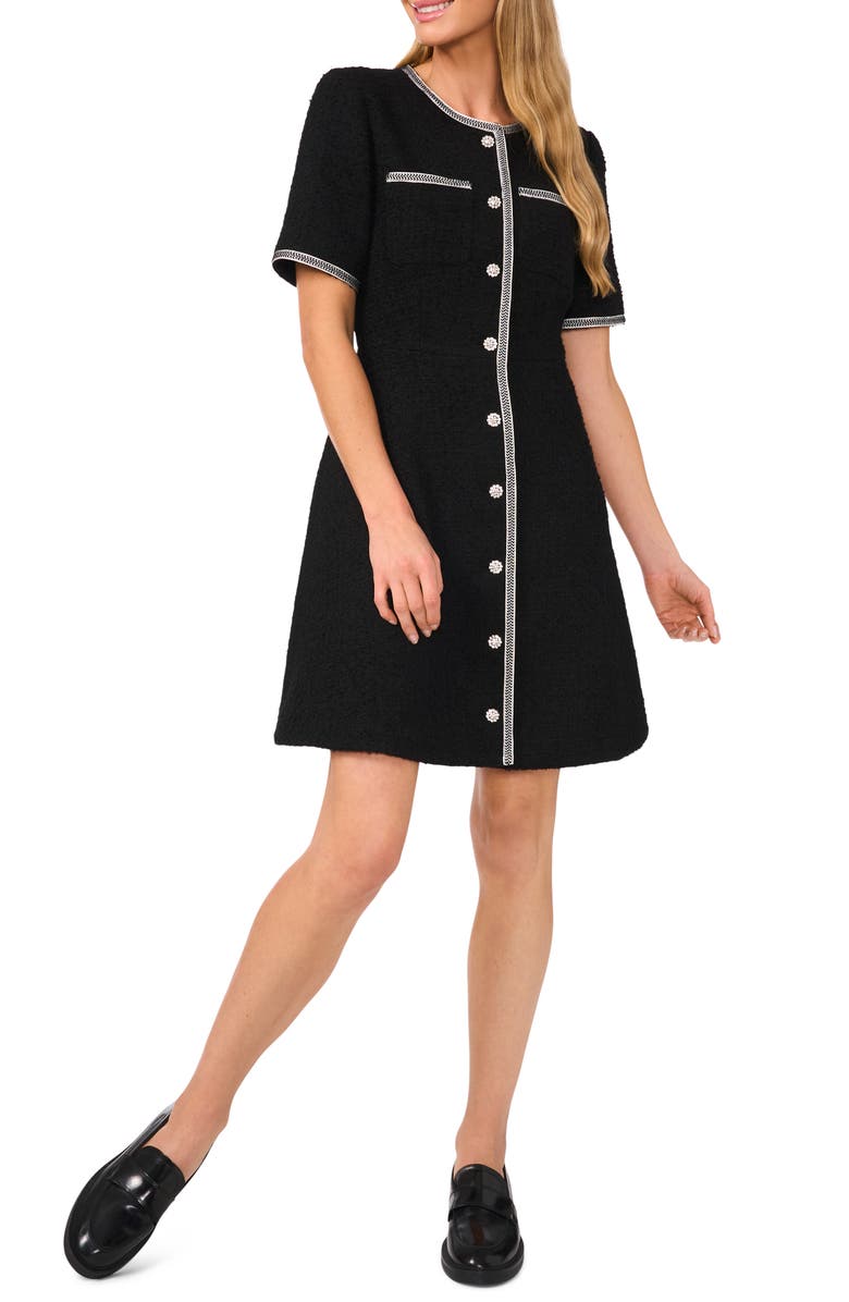 CeCe Button Front Tweed A-Line Dress, Main, color, Rich Black