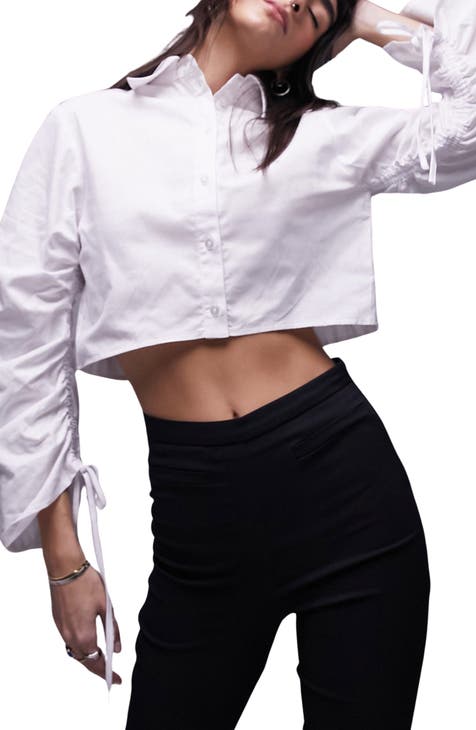 Ruched Cotton Poplin Crop Button-Up Shirt