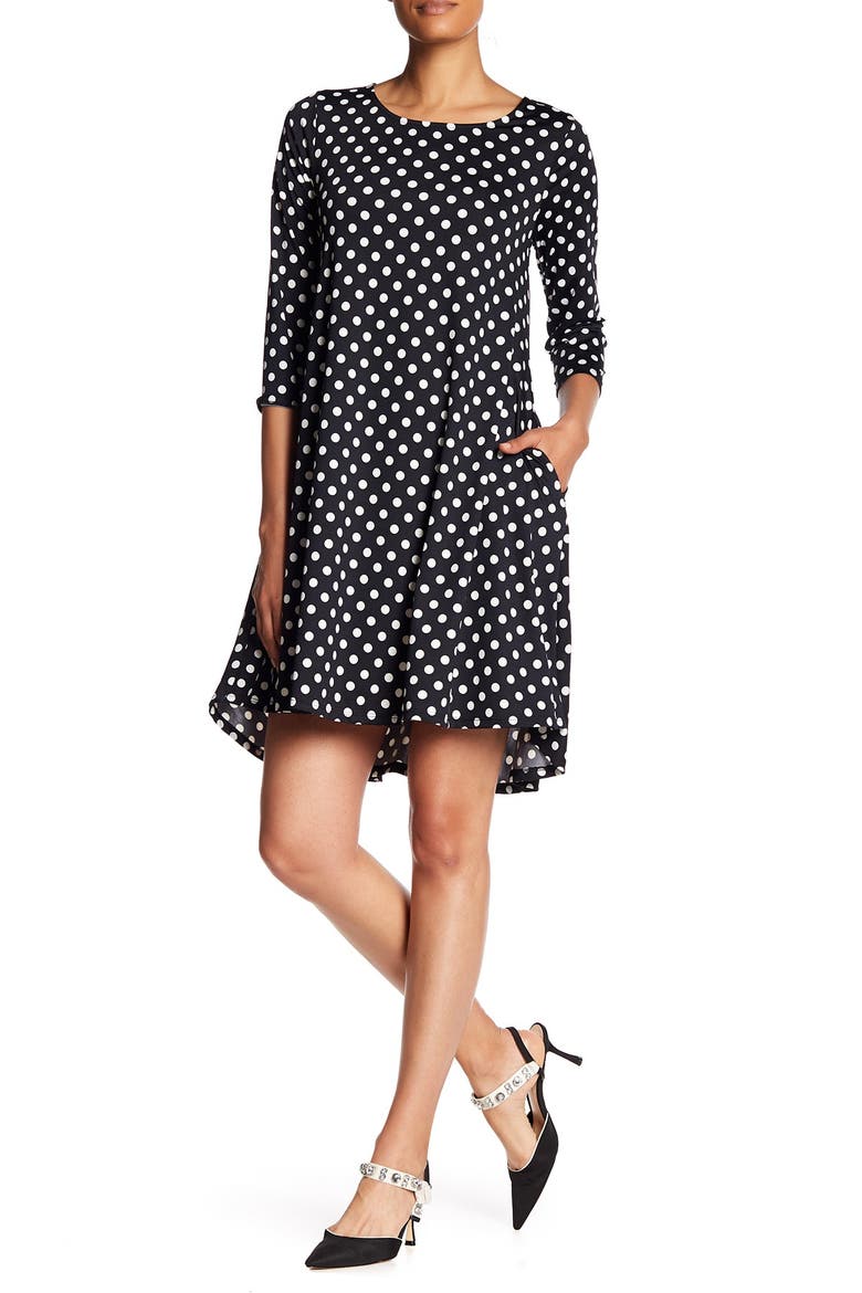 Three-Quarter Sleeve Stretch Knit Trapeze Dress, Main, color, BLKIVY