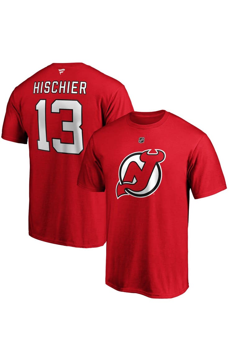 Men's Fanatics Branded Nico Hischier Red New Jersey Devils Team Authentic Stack Name & Number T-Shirt, Main, color, Red