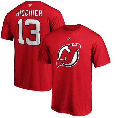Men's Fanatics Branded Nico Hischier Red New Jersey Devils Team Authentic Stack Name & Number T-Shirt