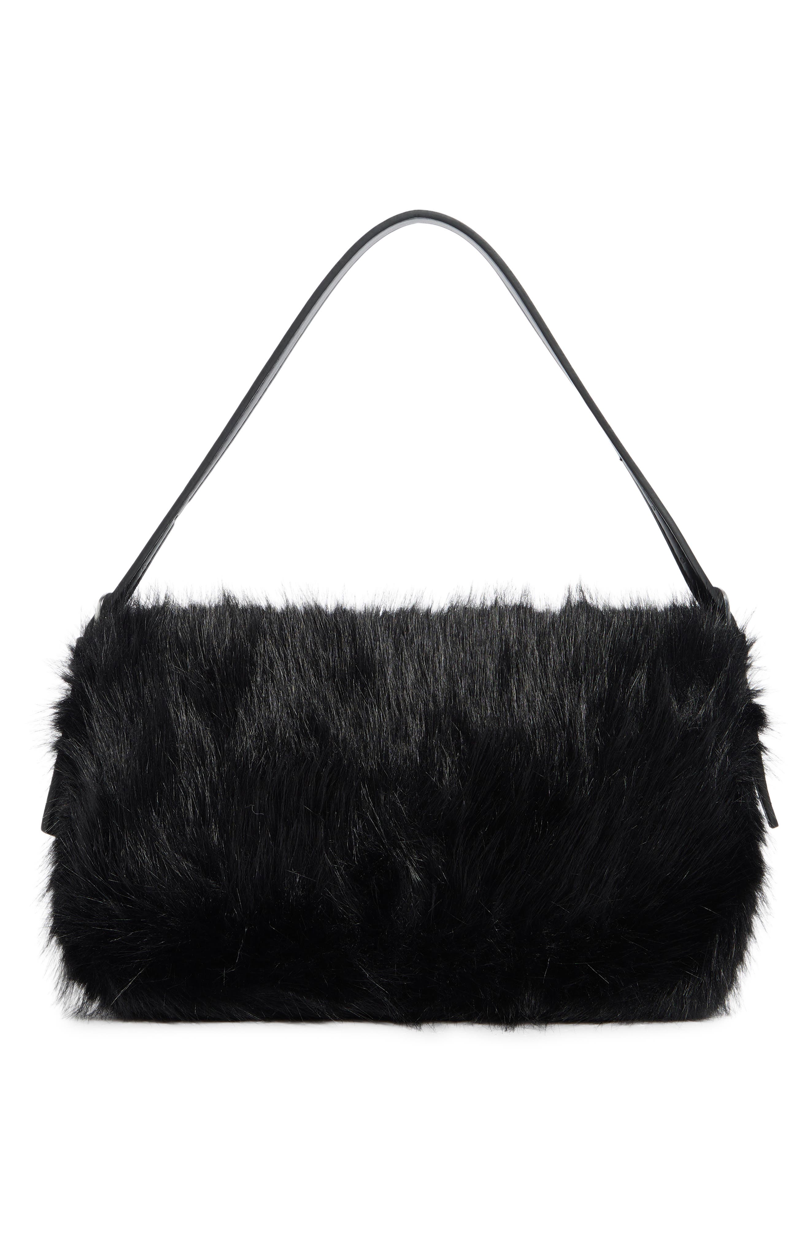 BCBG Faux Fur Buckle Shoulder Bag, Alternate, color, Black