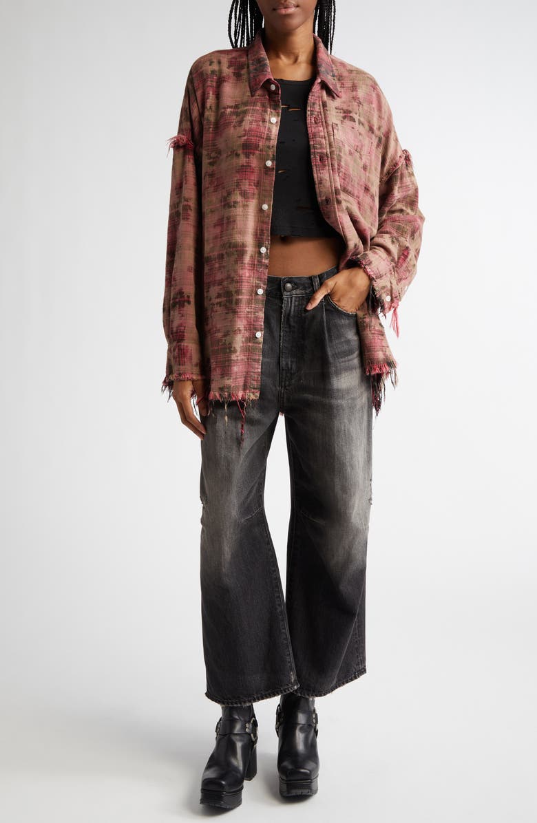 R13 Shredded Seam Drop Neck Plaid Flannel Button-Up Shirt, Alternate, color, 
