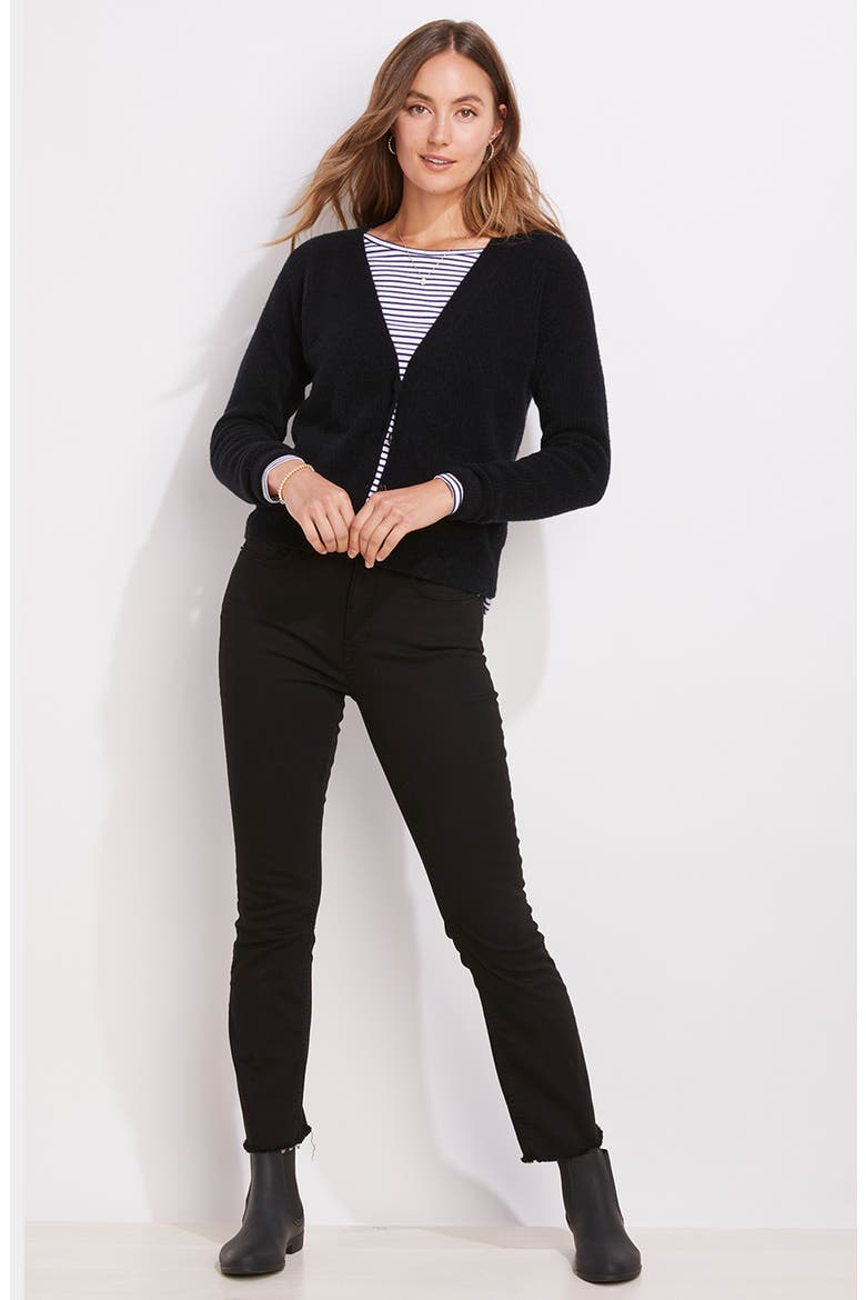Plush Rib V-Neck Wool Blend Cardigan, Alternate, color, JET BLACK
