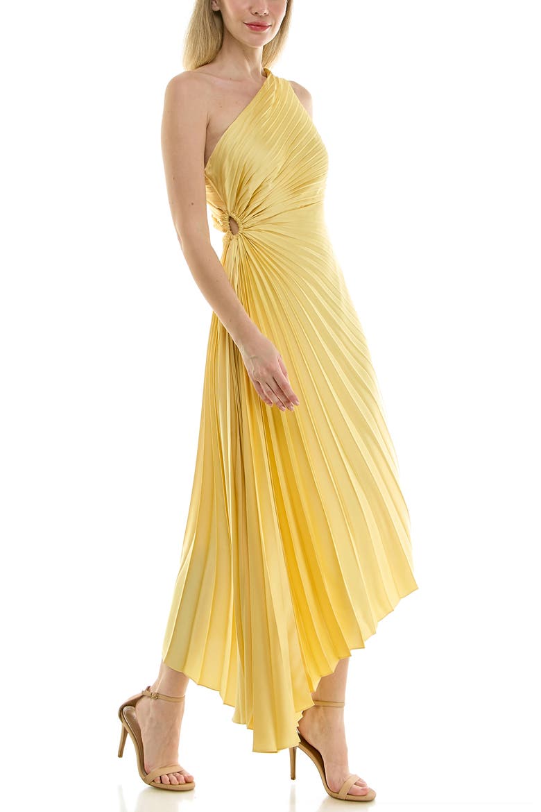 Pleated One-Shoulder Satin Dress, Alternate, color, POPCORN