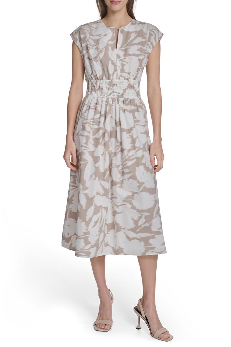 Smocked Fit and Flare Midi Dress, Main, color, KHAKI/ CREAM