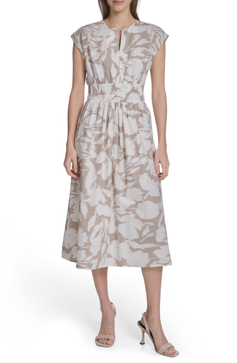 Calvin Klein Smocked Fit and Flare Midi Dress, Main, color, Khaki/ Cream