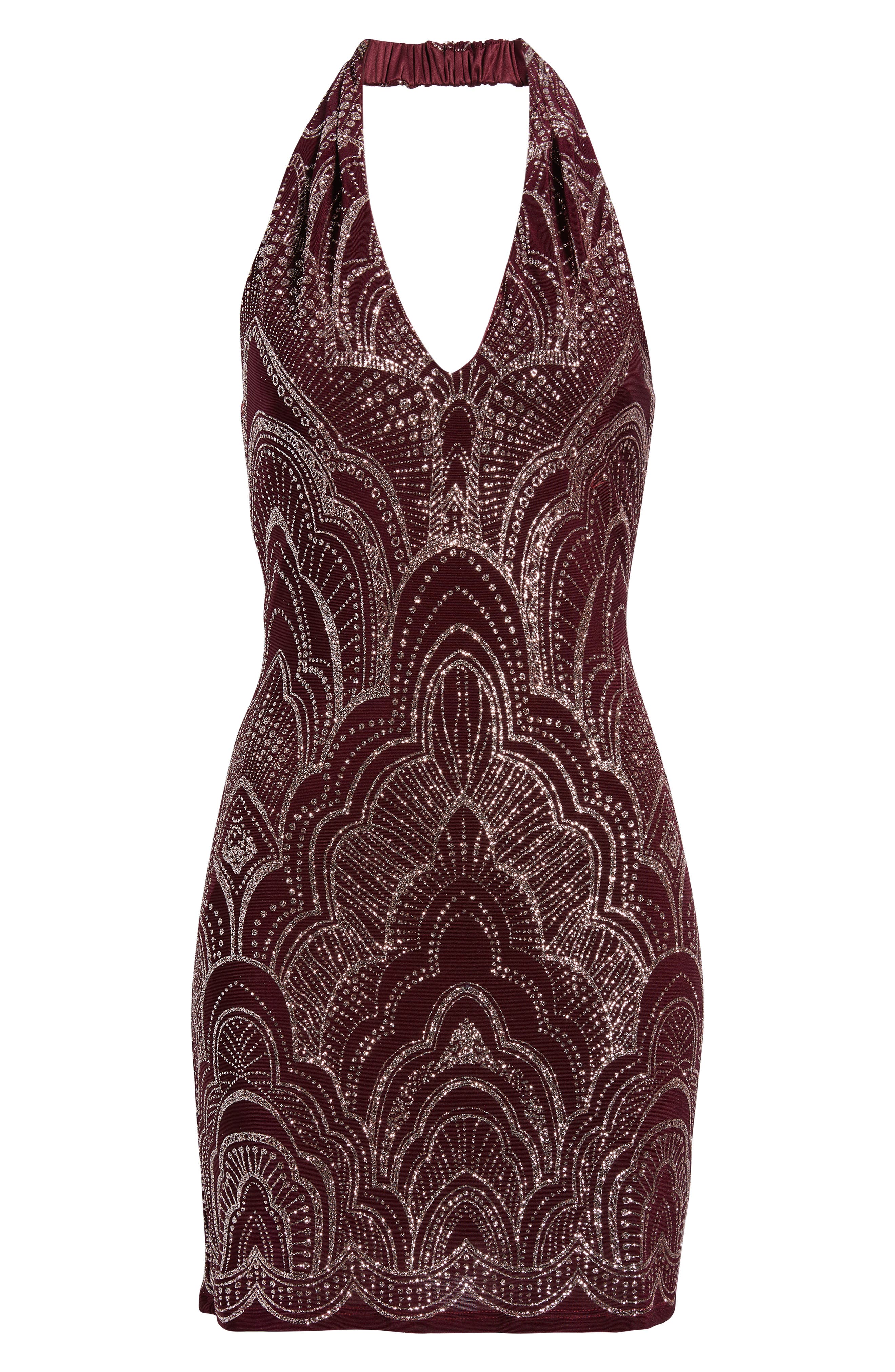 Jump Apparel Glitter Slinky Halter Cocktail Minidress In Burgundy