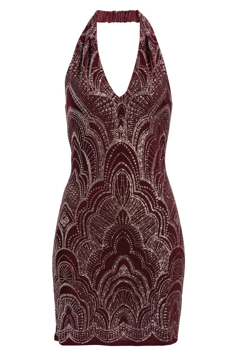 Glitter Slinky Halter Cocktail Minidress, Alternate, color, WINE/ GOLD