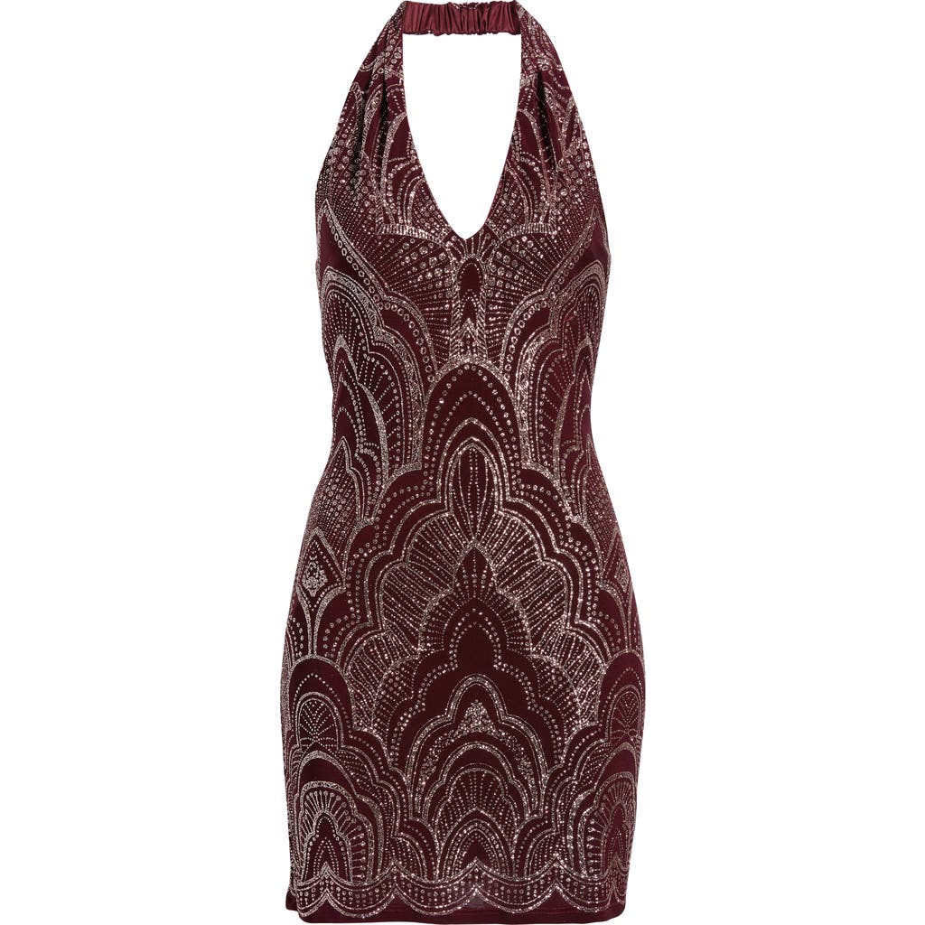 Jump Apparel Glitter Slinky Halter Cocktail Minidress In Burgundy