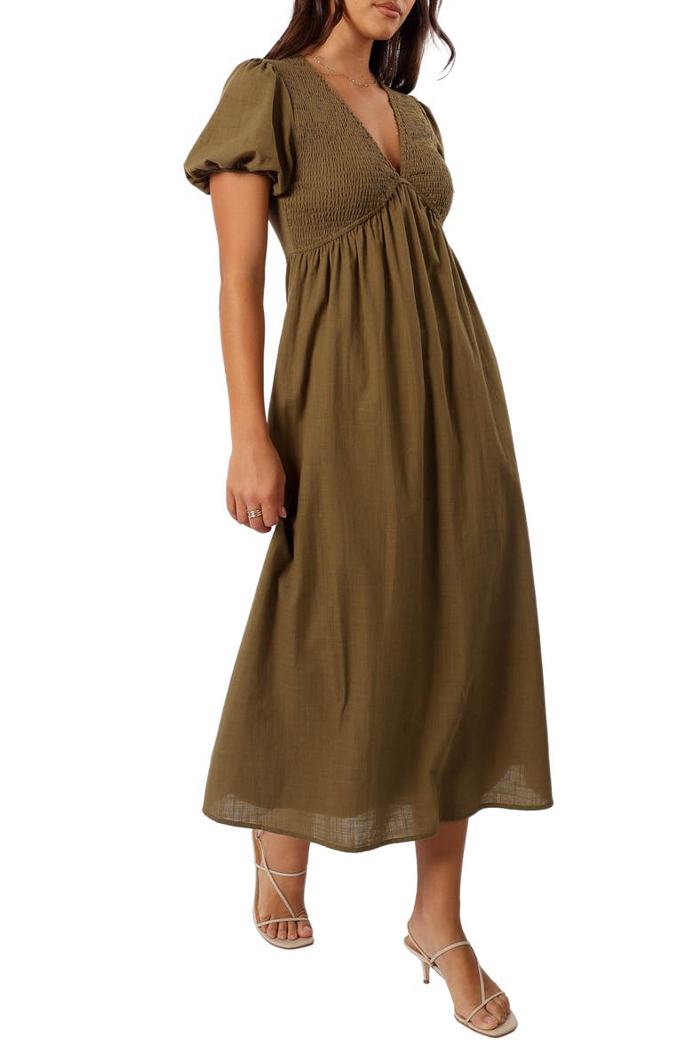 Petal & Pup Brooke Smocked Cotton Midi Dress, Alternate, color, Khaki