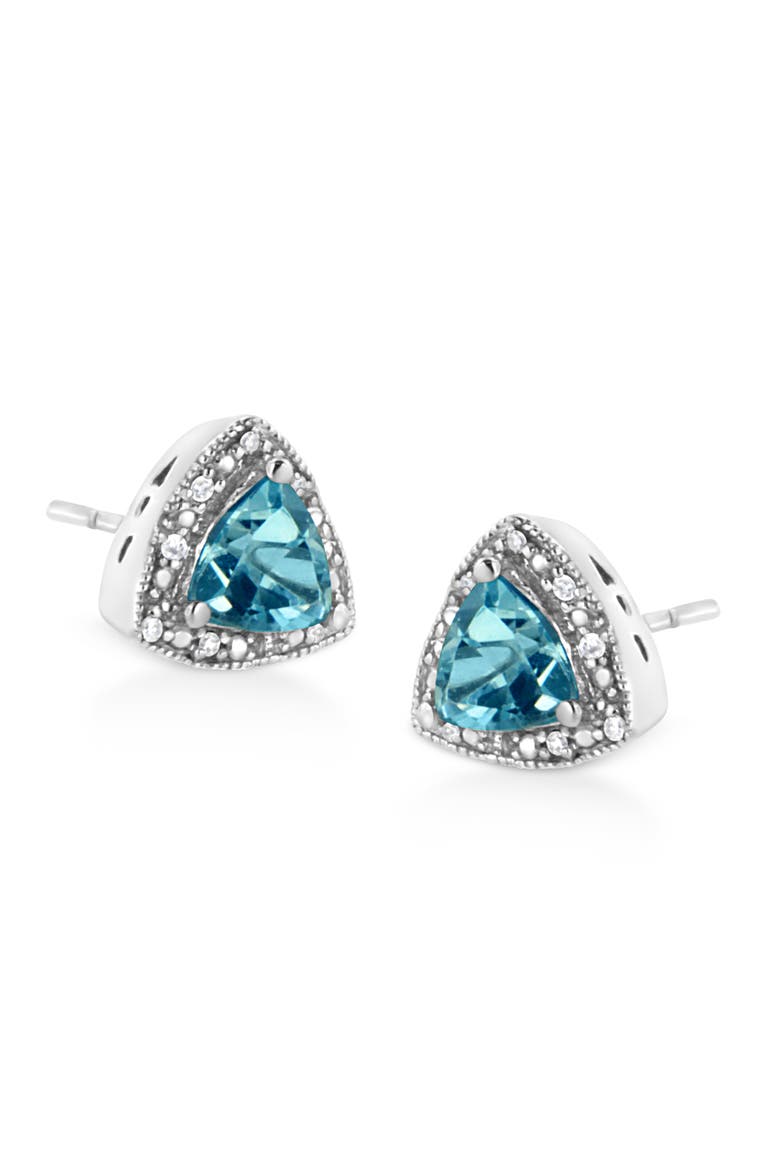 Silver 6x6 mm Trillion Blue Topaz Gemstone and Diamond Accent Stud Earring, Alternate, color, White