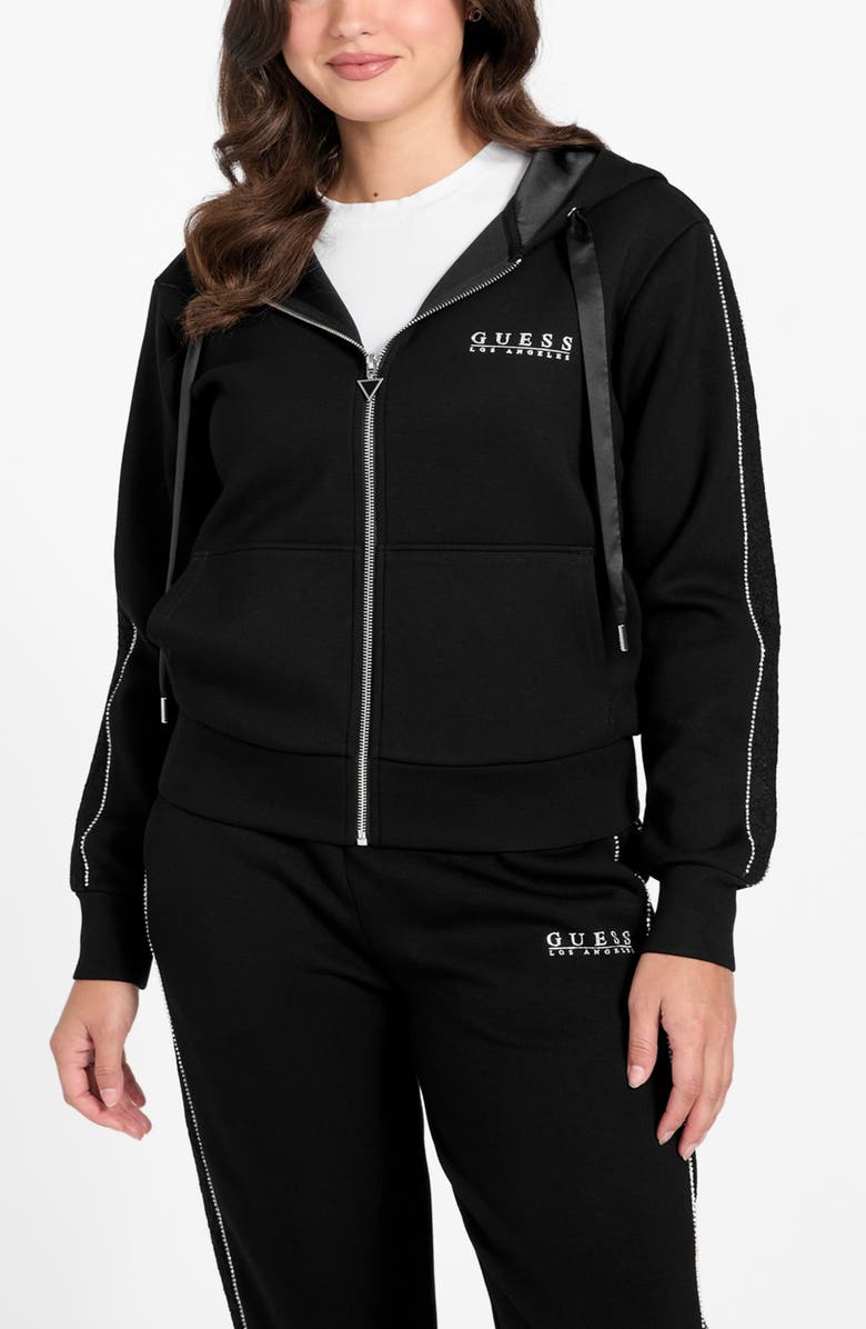 GUESS Rhinestone Embellished Zip Hoodie, Main, color, Jet Black-Black