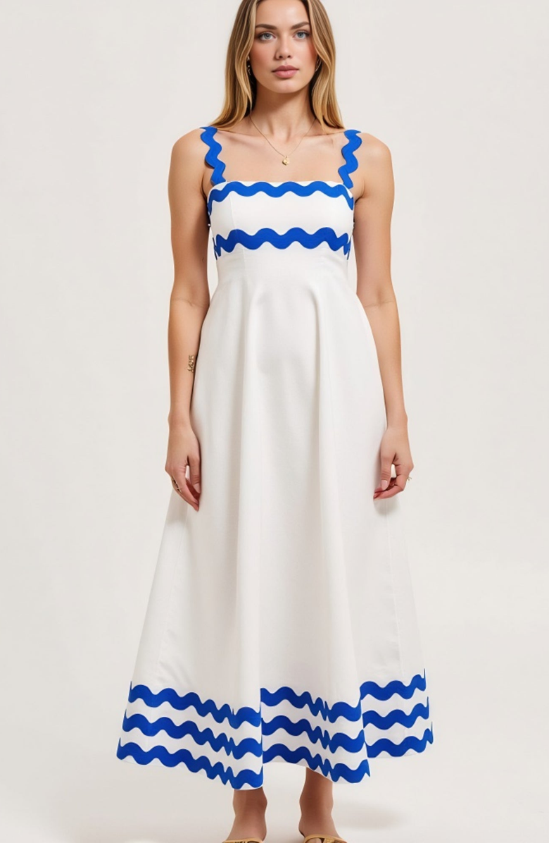 Modenaire Scalloped Strap Wave Trim A-Line Maxi Dress, Alternate, color, White / Blue Wave