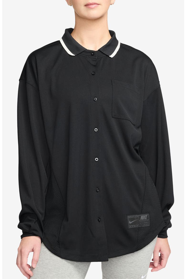 Sportswear Oversize Long Sleeve Jersey Button-Up Shirt, Main, color, 010 BLACK/BLACK