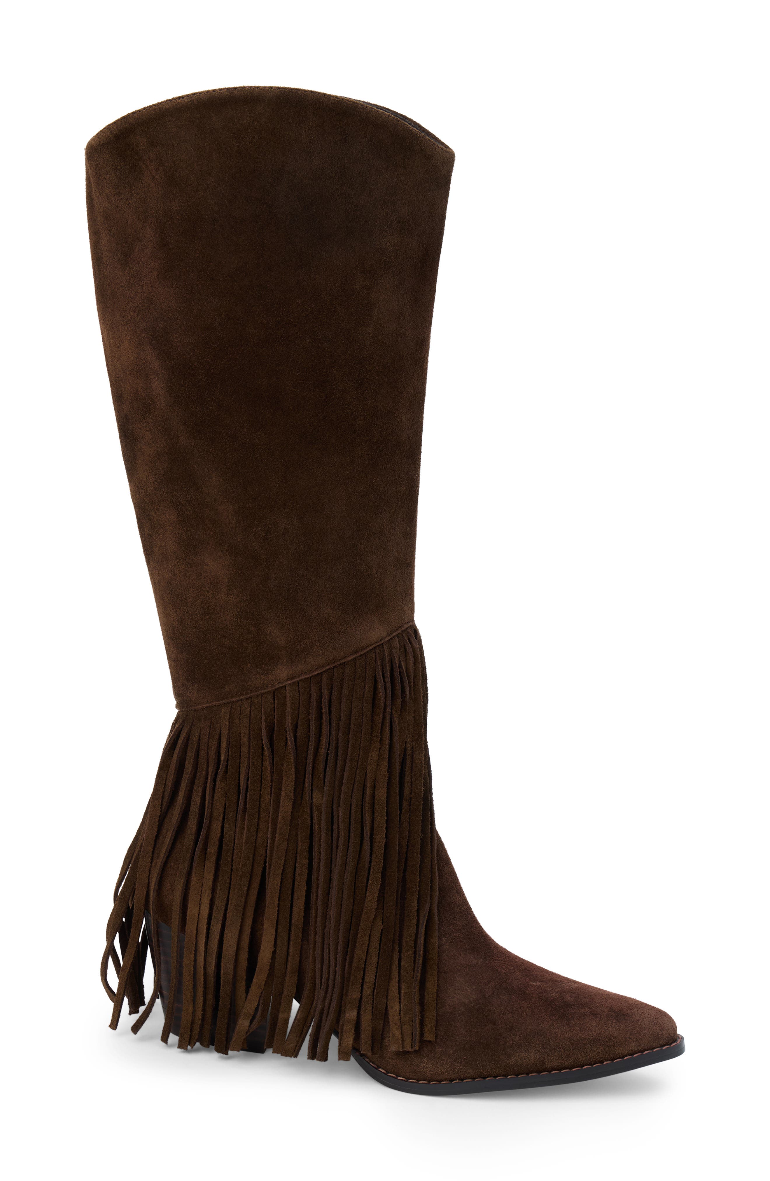 Tatum Fringe Pointed Toe Knee High Boot, Alternate, color, CHOCOLATE