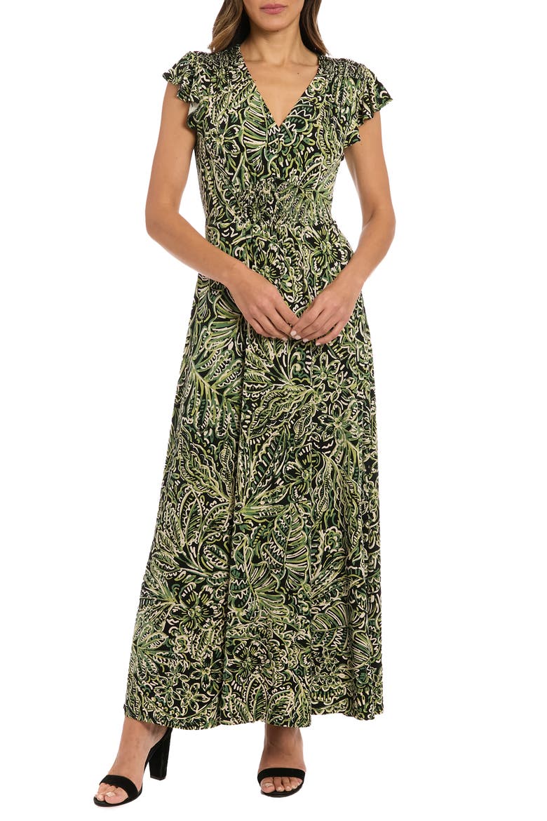Flutter Sleeve Smocked A-Line Maxi Dress, Main, color, BLACK/ GREEN