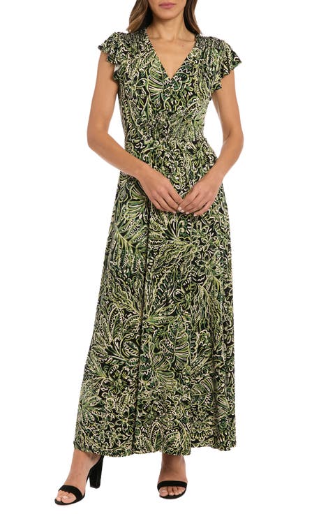 Flutter Sleeve Smocked A-Line Maxi Dress
