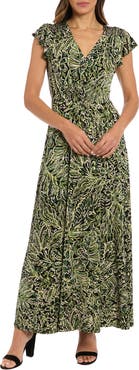 London Times Flutter Sleeve Smocked A-Line Maxi Dress