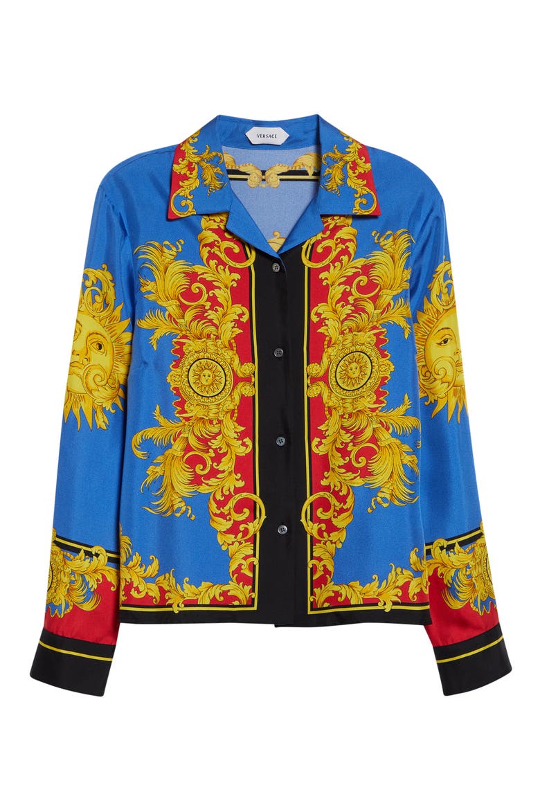 Barocco Print Silk Twill Bowling Shirt, Alternate, color, BLUE GOLD