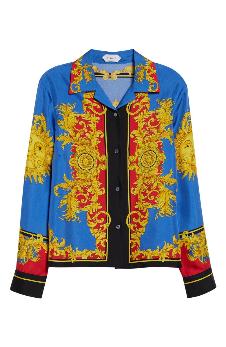 Versace Barocco Print Silk Twill Bowling Shirt, Alternate, color, Blue Gold