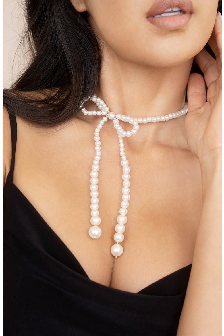 Faux Pearl Bow Choker Necklace, Alternate, color, GOLD