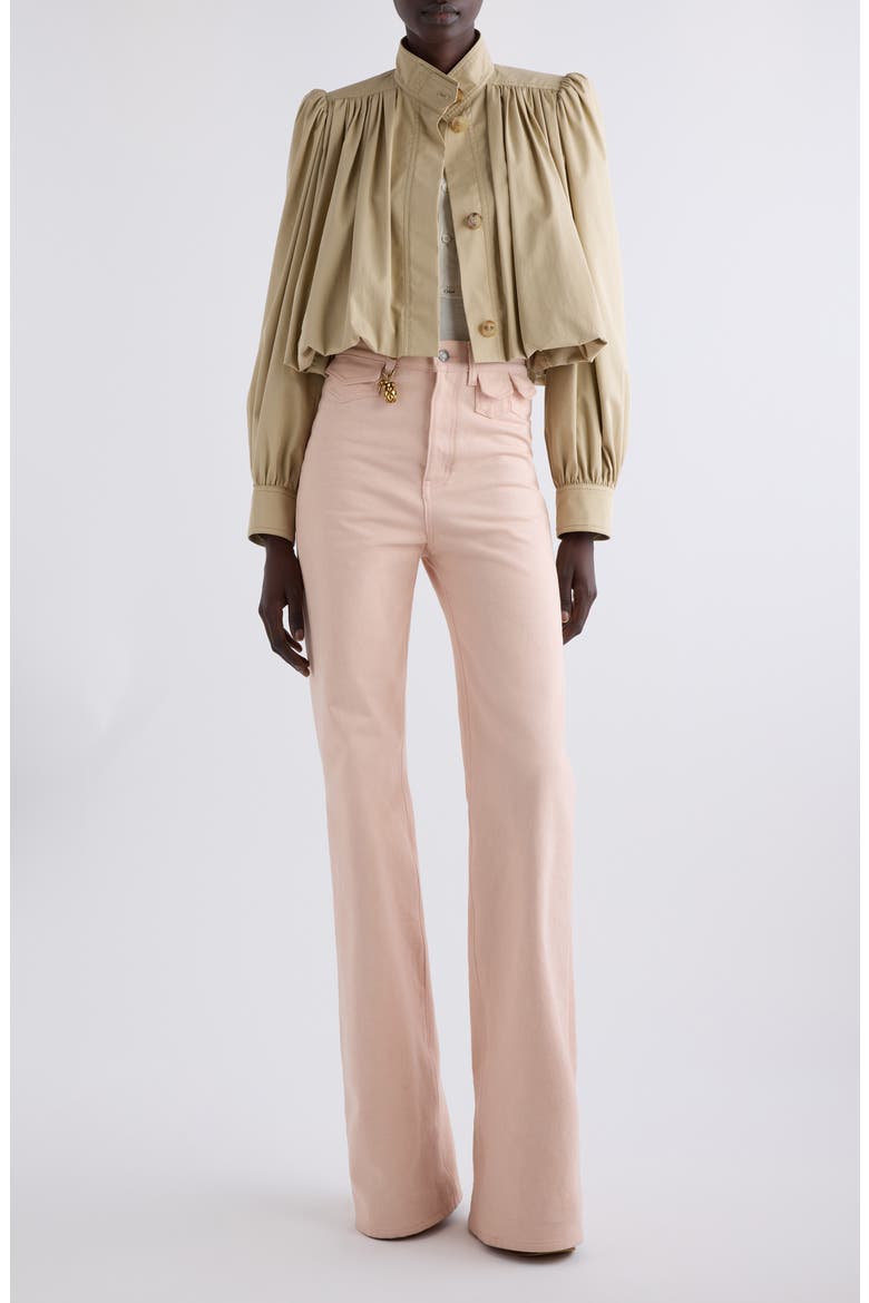 Puff Sleeve Gathered Cotton Gabardine Crop Jacket, Alternate, color, SMOKY BEIGE
