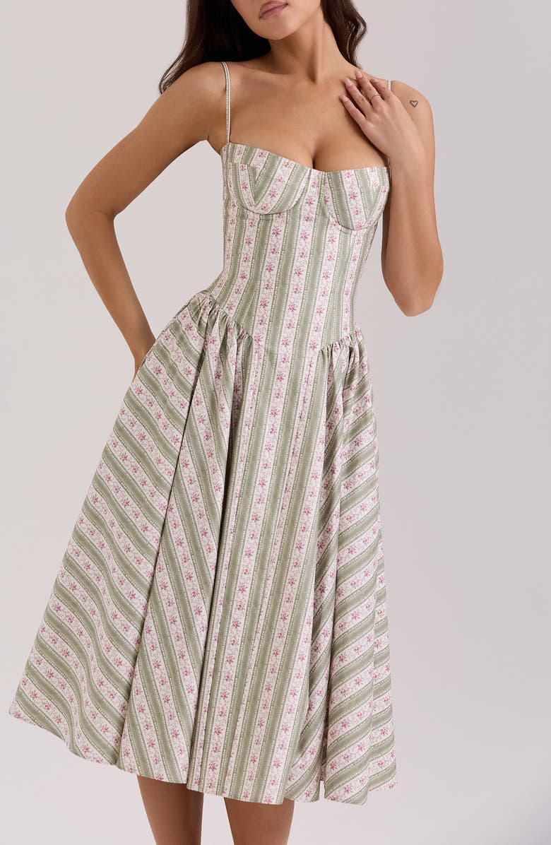 HOUSE OF CB Mya Corset Sleeveless Midi Dress, Alternate, color, Rose Stripe Floral Green