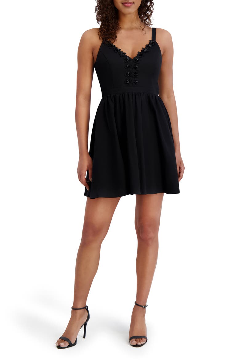Floral Appliqué Stretch Cotton Minidress, Main, color, BLACK