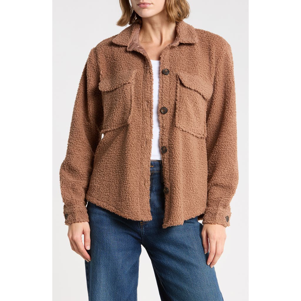 beachlunchlounge Tory Boxy Crop Faux Shearling Shirt Jacket in Tobacco Brown at Nordstrom, Size Small