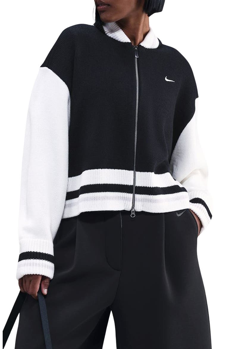 Sportswear Street Bomber Cardigan, Main, color, BLACK/ SAIL/ VAST GREY/ SAIL