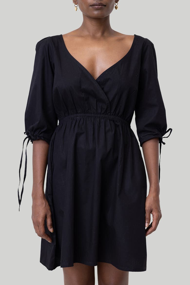 Gathered Elbow Sleeve Short Dress, Alternate, color, Black